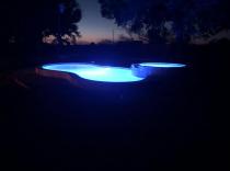 Freeform pool with raised spa at night