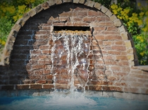 Arched and Curved Cobble Stone Wall with Stone Hinge Cap and 18-inch Hand made Scupper